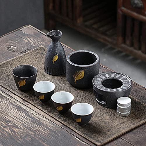 MKYOKO Keramik-Sake-Set, Sake-Set und Tassen mit Wärmer, Japanisches Sake-Tassen-Set, 7-teilig, mit warmen Öfen, für Geburtstage, Geburtstage und Jubiläen, Fliegender Kranich (Farbe: Goldene Blätter) von MKYOKO