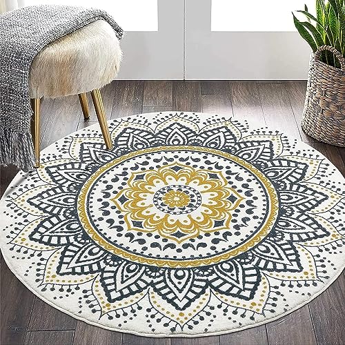 MKYOKO Runder Teppich, weich, schick, Bohemian-Mandala-Teppich, maschinenwaschbar, rutschfest, für den Innenbereich, Sofa, Bodenbereich, Matte (Gelb, 60 x 60 cm) von MKYOKO