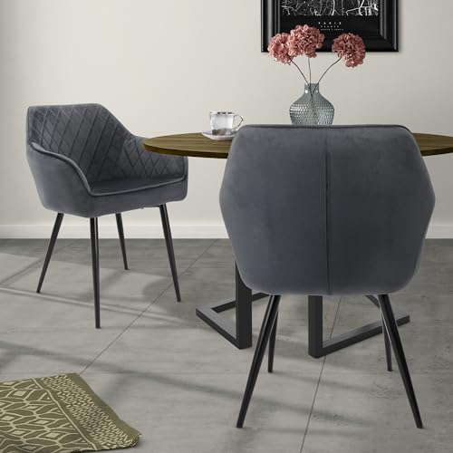 ML-Design 2er Set Esszimmerstühle mit Armlehne und Rückenlehne, Anthrazit, Küchenstuhl mit Samtbezug, Polsterstuhl mit Metallbeinen, Ergonomischer Stuhl für Esstisch, Esszimmerstuhl Wohnzimmerstuhl von ML DESIGN modern living