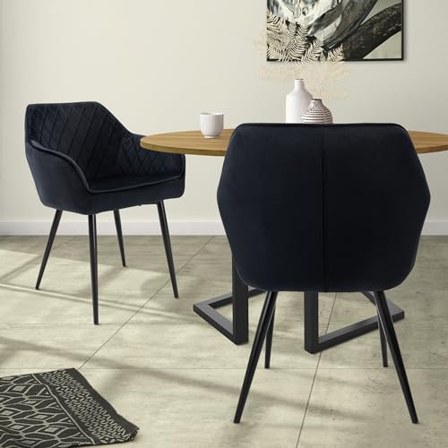 ML-Design 2er Set Esszimmerstühle mit Armlehne und Rückenlehne, Schwarz, Küchenstuhl mit Samtbezug, Polsterstuhl mit Metallbeinen, Ergonomischer Stuhl für Esstisch, Esszimmerstuhl Wohnzimmerstuhl von ML DESIGN modern living