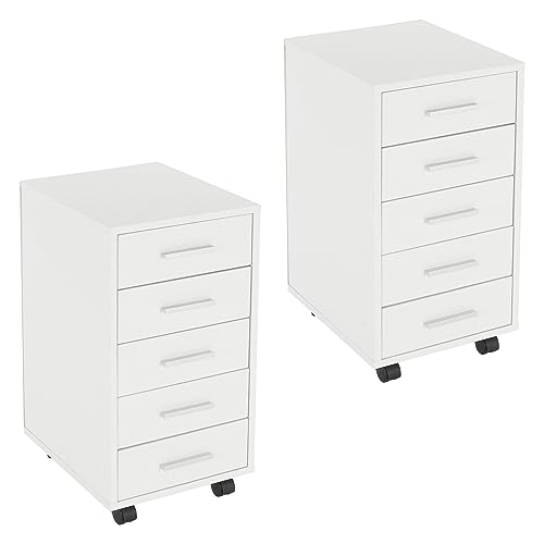ML-Design 2er Set Rollcontainer mit 5 Schubladen, 33x38x63,5 cm, Weiß, Holz, Alu-Griffe, Mobiler Aktenschrank, Büroschrank mit Rädern, Bürocontainer Schubladenschrank Rollschrank Rollwagen Kommode von ML DESIGN modern living