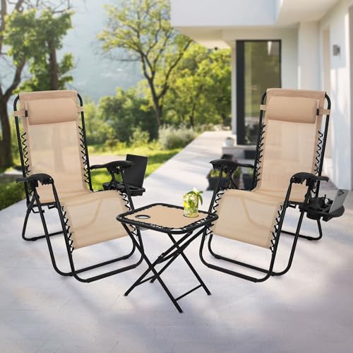 ML-Design 3-teiliges Sonnenliege Set klappbar, Gartenliege Set mit Tisch, Taupe, Liegestuhl mit verstellbarem Kopfpolster & Rückenlehne, wetterfest/Outdoor, Relaxliege Gartenstuhl mit Getränkehalter von ML DESIGN modern living