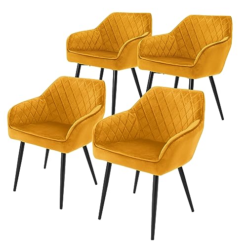 ML-Design 4er Set Esszimmerstühle mit Armlehne und Rückenlehne, Senfgelb, Küchenstuhl mit Samtbezug, Polsterstuhl mit Metallbeinen, Ergonomischer Stuhl für Esstisch, Esszimmerstuhl Wohnzimmerstuhl von ML DESIGN modern living