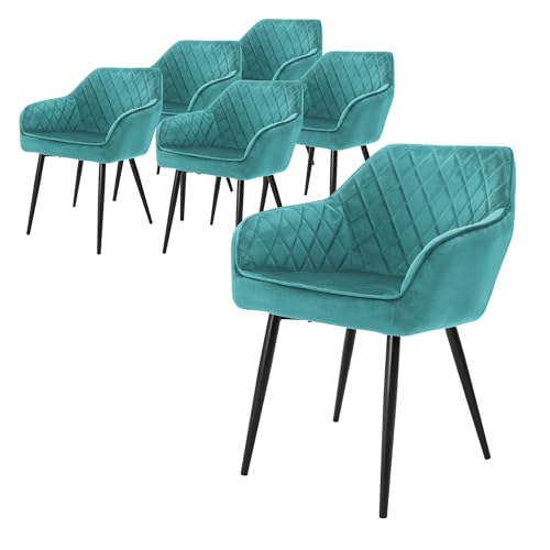 ML-Design 6er Set Esszimmerstühle mit Armlehne und Rückenlehne, Petrol, Küchenstuhl mit Samtbezug, Polsterstuhl mit Metallbeinen, Ergonomischer Stuhl für Esstisch, Esszimmerstuhl Wohnzimmerstuhl von ML DESIGN modern living