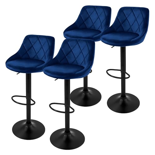 ML-Design Barhocker 4er Set, Bezug aus Samt, Blau, Gepolsterter Barstuhl mit Rückenlehne und Fußstütze, Tresenhocker höhenverstellbar 62-82 cm, 360° drehbar, Bistrohocker Hocker Drehstuhl Barstühle von ML DESIGN modern living