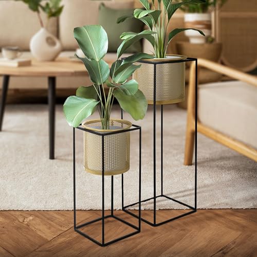 ML-Design Blumenständer 2er Set, Schwarz-Gold, 21x21x47/25x25x71 cm, aus Stahl, Blumentopfständer mit Übertopf, Metall Pflanzenständer, Blumentopfhalter 2-tlg, Pflanztopf Deko Blumensäule Blumenhocker von ML DESIGN modern living