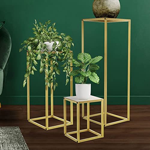 ML-Design Blumenständer 3er Set aus Metall in Gold, 22x22x30/26x26x60/30x30x90 cm, Deko Blumenhocker Blumensäule Säulentisch Pflanzenständer Blumentopfhalter Stapelbar Pflanzenhocker für Blumentopf von ML DESIGN modern living