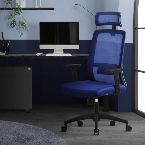 ML-Design Bürostuhl ergonomisch, Navy Blau, Mesh, Schreibtischstuhl mit Verstellbarer Lendenwirbelstütze, Kopfstütze & Armlehnen, Wippfunktion, Gaming Drehstuhl mit Rollen, Computerstuhl Chefsessel von ML DESIGN modern living