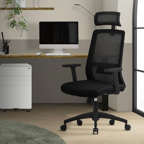 ML-Design Bürostuhl ergonomisch Schwarz, Mesh, Schreibtischstuhl mit Verstellbarer Lendenwirbelstütze, Kopfstütze & Armlehnen, Wippfunktion, Drehstuhl mit Rollen, Computerstuhl Chefsessel Gaming Stuhl von ML DESIGN modern living