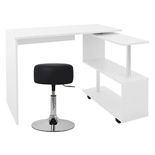 ML-Design Eckschreibtisch drehbar mit Sitzhocker, Schreibtisch Bürotisch PC Tisch L-Form 2 Regale Weiß 150x88x75cm, Polsterhocker Hocker Kunstleder Schwarz rund Ø33cm drehbar höhenverstellbar 52–65cm von ML DESIGN modern living