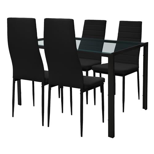 ML-Design Essgruppe 5-TLG für 4 Personen, Schwarz, Moderne Esszimmergruppe mit 4 Stühlen, Tisch mit Glasplatte, 4er Set Esszimmerstühle Kunstleder mit Esstisch, Esszimmergarnitur für Wohnzimmer/Küche von ML DESIGN modern living