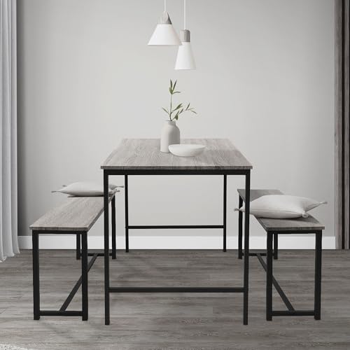 ML-Design Esstisch Set 3-teilig, Eiche-Grau, Esszimmer Set mit Tisch und 2 Bänken, Essgruppe für 4 Personen, Sitzgruppe Küchentisch Metallrahmen, Bartisch Set, Esszimmergruppe für Küche und Esszimmer von ML DESIGN modern living