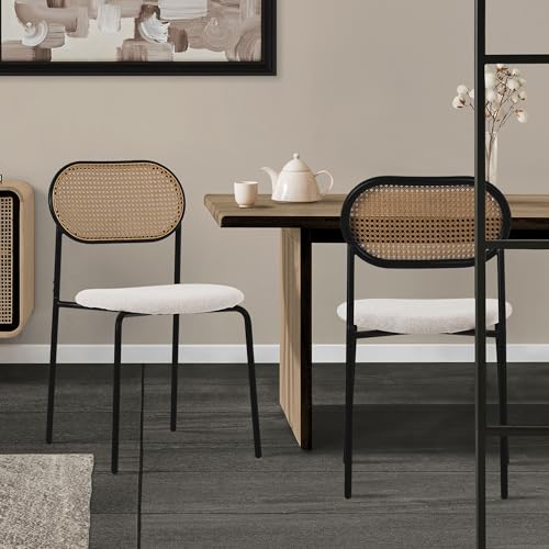 ML-Design Esszimmerstühle 2er Set Beige, Küchenstuhl mit Rattan Rückenlehne, Gepolsterte Stühle mit gebogener Netzrücke, Rattanstuhl mit Metallbeinen, Armlose Polsterstühle, Akzentstühle für Esszimmer von ML DESIGN modern living