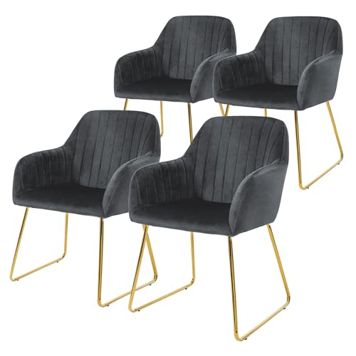 ML-Design Esszimmerstühle 4er Set, Sitzfläche aus Samt, Grau, Wohnzimmerstuhl mit Rücken- und Armlehnen, Küchenstuhl Gold Beine, Polsterstuhl mit Metallgestell, Ergonomische Sessel für Esstisch von ML DESIGN modern living