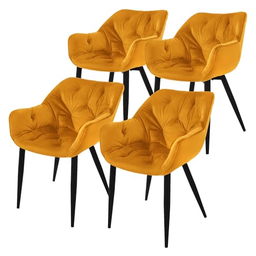 ML-Design Esszimmerstühle 4er Set Senfgelb, Küchenstuhl mit dickem Samtstoff gepolsterter Sitz, Metallbeinen, Wohnzimmerstuhl mit Rücken- und Armlehnen, Gesteppter Polsterstuhl, Ergonomischer Sessel von ML DESIGN modern living
