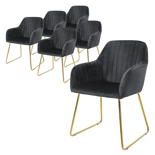 ML-Design Esszimmerstühle 6er Set, Sitzfläche aus Samt, Grau, Wohnzimmerstuhl mit Rücken- und Armlehnen, Küchenstuhl Gold Beine, Polsterstuhl mit Metallgestell, Ergonomische Sessel für Esstisch von ML DESIGN modern living
