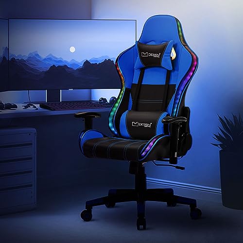 ML-Design Gaming Stuhl mit RGB LED-Beleuchtung & Bluetooth-Lautsprechern, Blau, Kunstleder, Ergonomischer Bürostuhl, Hohe Rückenlehne, Kopfstütze, Lendenkissen, drehbar-verstellbar, Racing Gamer Stuhl von ML DESIGN modern living