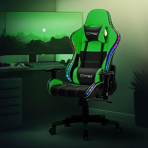 ML-Design Gaming Stuhl mit RGB LED-Beleuchtung & Bluetooth-Lautsprechern, Grün, Kunstleder, Ergonomischer Bürostuhl, Hohe Rückenlehne, Kopfstütze, Lendenkissen, drehbar-verstellbar, Racing Gamer Stuhl von ML DESIGN modern living