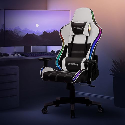 ML-Design Gaming Stuhl mit RGB LED-Beleuchtung & Bluetooth-Lautsprechern, Weiß, Kunstleder, Ergonomischer Bürostuhl, Hohe Rückenlehne, Kopfstütze, Lendenkissen, drehbar-verstellbar, Racing Gamer Stuhl von ML DESIGN modern living