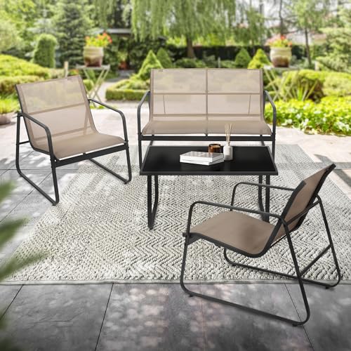 ML-Design Gartenmöbel Set 4-TLG, Taupe, Balkonmöbel aus Stahl & Textilene für 4 Personen, Garten Sitzgruppe mit Glastisch, Sofa und 2 Sesseln, wetterfest, Gartengarnitur Outdoor für Balkon, Terrasse von ML DESIGN modern living