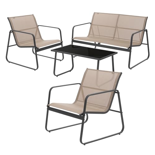 ML-Design Gartenmöbel Set 4-TLG, Taupe, Balkonmöbel aus Stahl & Textilene für 4 Personen, Garten Sitzgruppe mit Glastisch, Sofa und 2 Sesseln, wetterfest, Gartengarnitur Outdoor für Balkon, Terrasse von ML DESIGN modern living