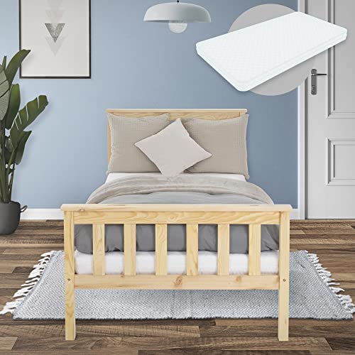 ML-Design Holzbett 90x200 cm Natur mit Matratze H:10cm, Kiefernholz, Massivholz Bettgestell mit Lattenrost & Füße, Einzelbett mit Kopf- und Fußteil, Bett für Kinder & Erwachsene, Kinderbett Jugendbett von ML DESIGN modern living