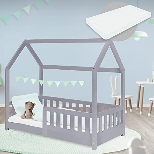 ML-Design Kinderbett 70x140 cm Hellgrau mit Matratze, Rausfallschutz, Dach & Lattenrost, Massivholz Spielbett, Hausbett für Mädchen/Jungen, Bettenhaus aus Kiefernholz, Jugendbett Kinderhaus Holzbett von ML DESIGN modern living