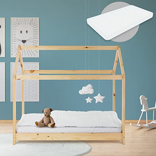 ML-Design Kinderbett 70x140 cm Natur mit Matratze, Dach und Lattenrost, Hausbett für Mädchen und Jungen, Kinderhaus aus Kiefernholz, Stabiles Jugendbett, Massivholz Kinder Bett, Bettenhaus Spielbett von ML DESIGN modern living