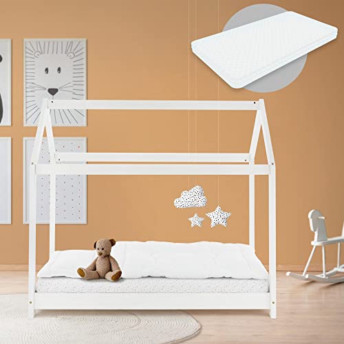 ML-Design Kinderbett 70x140 cm Weiß mit Matratze, Dach und Lattenrost, Hausbett für Mädchen und Jungen, Kinderhaus aus Kiefernholz, Stabiles Jugendbett, Massivholz Kinder Bett, Bettenhaus Spielbett von ML DESIGN modern living