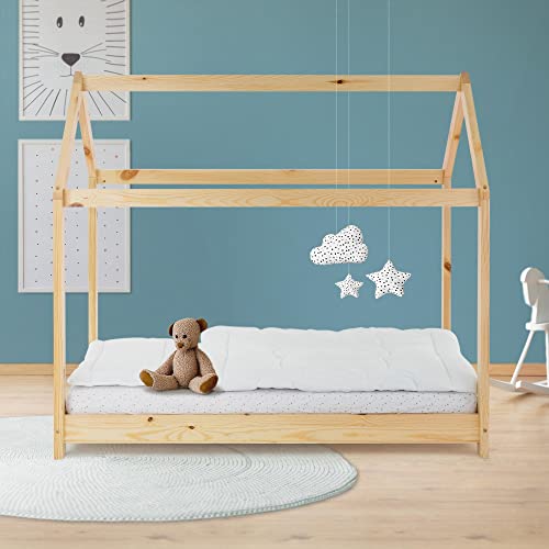 ML-Design Kinderbett 70x140 cm mit Dach und Lattenrost, Natur, Hausbett für Mädchen und Jungen, Kinderhaus aus massivem Kiefernholz, Stabiles Jugendbett, Massivholz Kinder Bett, Bettenhaus Spielbett von ML DESIGN modern living