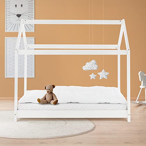 ML-Design Kinderbett 70x140 cm mit Dach und Lattenrost, Weiß, Hausbett für Mädchen und Jungen, Kinderhaus aus massivem Kiefernholz, Stabiles Jugendbett, Massivholz Kinder Bett, Bettenhaus Spielbett von ML DESIGN modern living