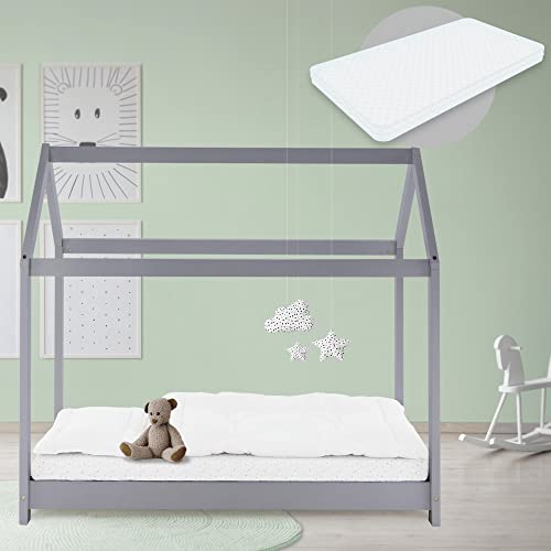 ML-Design Kinderbett 80x160 cm Hellgrau mit Matratze, Dach und Lattenrost, Hausbett für Mädchen und Jungen, Kinderhaus aus Kiefernholz, Bodenbett Jugendbett, Kinder Bett, Bettenhaus Spielbett Holzbett von ML DESIGN modern living