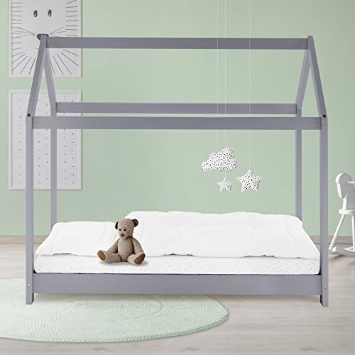 ML-Design Kinderbett 80x160 cm mit Dach und Lattenrost, Hellgrau, Hausbett für Mädchen und Jungen, Kinderhaus aus massivem Kiefernholz, Stabiles Jugendbett, Massivholz Kinder Bett Bettenhaus Spielbett von ML DESIGN modern living