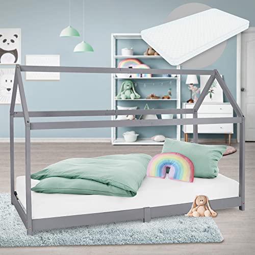 ML-Design Kinderbett 90x200 cm Hellgrau mit Matratze H:10 cm, Dach, Lattenrost, Kinderhaus aus Kiefernholz, Bodenbett Jugendbett, Mädchen & Jungen Hausbett, Holzbett Kinder Bett Bettenhaus Spielbett von ML DESIGN modern living
