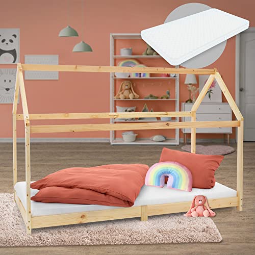 ML-Design Kinderbett 90x200 cm Natur mit Matratze H:10 cm, Dach und Lattenrost, Hausbett für Mädchen/Jungen, Kinderhaus aus Kiefernholz, Bodenbett Jugendbett Kinder Bett Bettenhaus Spielbett Holzbett von ML DESIGN modern living