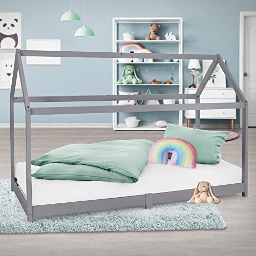 ML-Design Kinderbett 90x200 cm mit Dach und Lattenrost, Hellgrau, Hausbett für Mädchen und Jungen, Kinderhaus aus massivem Kiefernholz, Stabiles Jugendbett, Massivholz Kinder Bett Bettenhaus Spielbett von ML DESIGN modern living