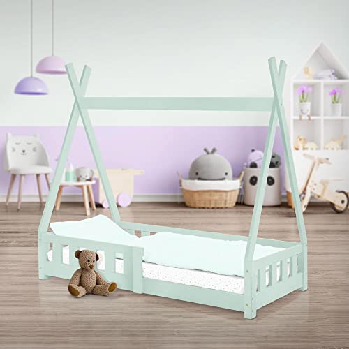 ML-Design Kinderbett Tipi 70x140 cm Mint mit Rausfallschutz und Lattenrost, Kiefernholz, Indianer Bett aus Massivholz für Mädchen & Jungen, Hausbett mit Zaun Kinderhaus Jugendbett Spielbett Zelt von ML DESIGN modern living