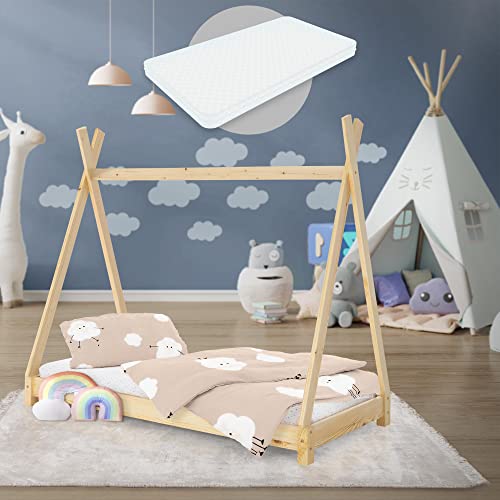 ML-Design Kinderbett Tipi 70x140 cm Natur mit Matratze & Lattenrost, Indianer Bett aus Massivholz, Kiefernholz, Hausbett für Mädchen & Jungen, Kinderhaus Jugendbett Holzbett Bettenhaus Spielbett Zelt von ML DESIGN modern living