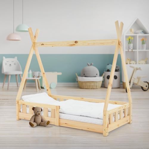 ML-Design Kinderbett Tipi 70x140 cm Natur mit Rausfallschutz und Lattenrost, aus Kiefernholz, Indianer Bett aus Massivholz für Mädchen & Jungen, Hausbett mit Zaun Kinderhaus Jugendbett Spielbett Zelt von ML DESIGN modern living