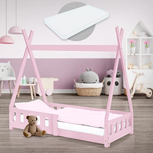 ML-Design Kinderbett Tipi 70x140 cm Rosa mit Matratze, Rausfallschutz und Lattenrost, aus Kiefernholz, Indianer Bett Massivholz für Mädchen & Jungen, Hausbett mit Zaun, Jugendbett Spielbett Holzbett von ML DESIGN modern living