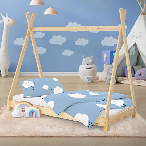 ML-Design Kinderbett Tipi 80 x 160 cm mit Lattenrost, Natur, Kiefernholz, Indianer Bett aus Massivholz, Hausbett für Mädchen und Jungen, Kinderhaus Jugendbett Holzbett Bettenhaus Spielbett Zelt Holz von ML DESIGN modern living