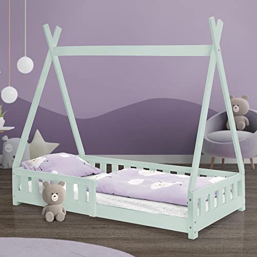 ML-Design Kinderbett Tipi 80x160 cm Mint mit Rausfallschutz und Lattenrost, Kiefernholz, Indianer Bett aus Massivholz für Mädchen & Jungen, Hausbett mit Zaun Kinderhaus Jugendbett Spielbett Zelt von ML DESIGN modern living