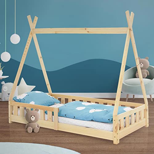 ML-Design Kinderbett Tipi 80x160 cm Natur mit Rausfallschutz und Lattenrost, aus Kiefernholz, Indianer Bett aus Massivholz für Mädchen & Jungen, Hausbett mit Zaun Kinderhaus Jugendbett Spielbett Zelt von ML DESIGN modern living