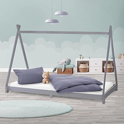 ML-Design Kinderbett Tipi 90x200 cm mit Lattenrost, Hellgrau, Kiefernholz, Indianer Bett aus Massivholz, Hausbett für Mädchen und Jungen, Kinderhaus Jugendbett Holzbett Bettenhaus Spielbett Zelt Holz von ML DESIGN modern living