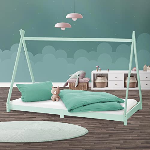 ML-Design Kinderbett Tipi 90 x 200 cm mit Lattenrost, Mint, Kiefernholz, Indianer Bett aus Massivholz, Hausbett für Mädchen und Jungen, Kinderhaus Jugendbett Holzbett Bettenhaus Spielbett Zelt Holz von ML DESIGN modern living