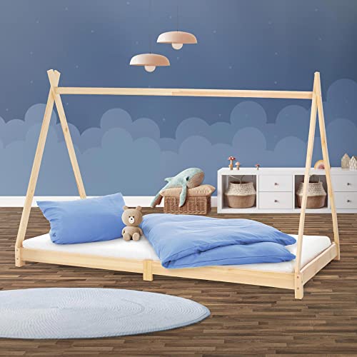 ML-Design Kinderbett Tipi 90 x 200 cm mit Lattenrost, Natur, Kiefernholz, Indianer Bett aus Massivholz, Hausbett für Mädchen und Jungen, Kinderhaus Jugendbett Holzbett Bettenhaus Spielbett Zelt Holz von ML DESIGN modern living