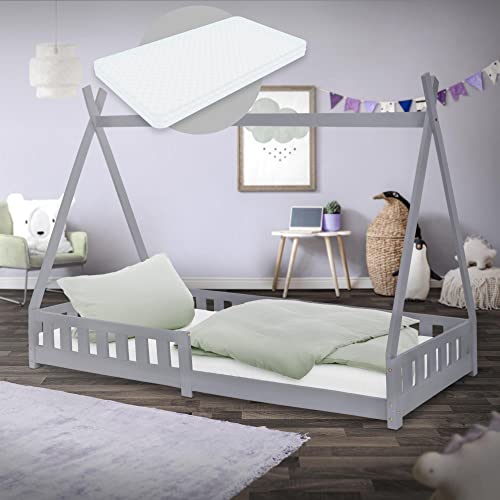 ML-Design Kinderbett Tipi 90x200 cm Hellgrau mit Matratze H:10 cm, Rausfallschutz & Lattenrost, Kiefernholz, Indianer Bett Massivholz Mädchen & Jungen, Hausbett mit Zaun, Jugendbett Spielbett Holzbett von ML DESIGN modern living