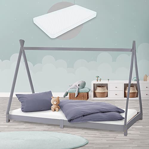 ML-Design Kinderbett Tipi 90x200 cm Hellgrau mit Matratze H:10cm, Lattenrost, Indianer Bett aus Kiefernholz, Mädchen/Jungen Hausbett, Bodenbett Kinderhaus Jugendbett Holzbett Bettenhaus Spielbett Zelt von ML DESIGN modern living