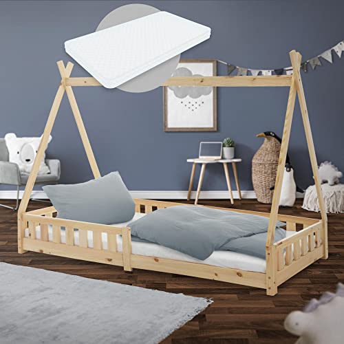 ML-Design Kinderbett Tipi 90x200 cm Natur mit Matratze H:10cm, Rausfallschutz & Lattenrost, Kiefernholz, Indianer Bett Massivholz für Mädchen & Jungen, Hausbett mit Zaun, Jugendbett Spielbett Holzbett von ML DESIGN modern living