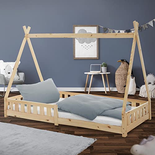 ML-Design Kinderbett Tipi 90x200 cm Natur mit Rausfallschutz und Lattenrost, aus Kiefernholz, Indianer Bett aus Massivholz für Mädchen & Jungen, Hausbett mit Zaun Kinderhaus Jugendbett Spielbett Zelt von ML DESIGN modern living